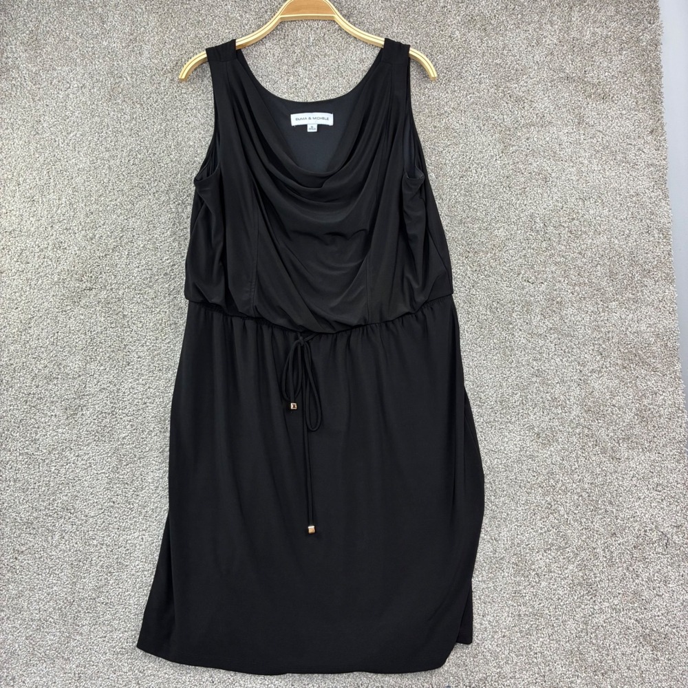 Emma & Michele Black Cowl Neck Sleeveless Drawstring Waist Minimalist Office LBD